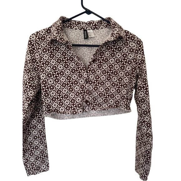 Divided by H&M Cotton Blend Floral Checkered Long Sleeve Crop Top Brown M - Picture 1 of 4